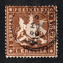 1860 1k Wurttemberg, German States, Germany (Mi. 16 x, Sc. 19, Signed, Canceled, CV $210)