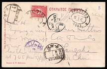 1911 (15 May) Scarce postcard from Irkutsk to China via Manchuria franked with 4k Russian Empire stamp used in China, with multiple chinese towns postmakrs