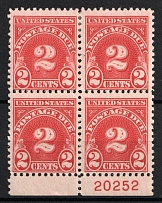 1930 2c Postage Due Stamp, United States, USA, Block of Four (Scott J71, Margin, Plate Number '20252', CV $40, MH/MNH)