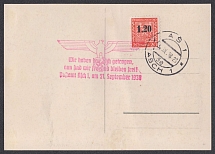 1938 (Sept 21) ASCH Liberation Commemorative Card. On the back red claw 'Eagle' by ESCH on stamp in addition to 1.20 Kr. Occupation of Sudetenland, Germany