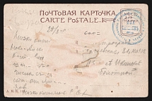 1914 Chief of the Rear Sanitary Train WWI postcard to Petrograd with blue medical handstamp