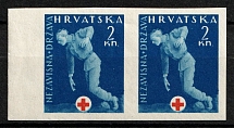 1943 2k Croatia Independent State (NDH), Compulsory Surcharge Stamps, Pair (Mi. 2 U, Imperforate, Margin, CV $30)