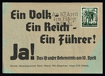 1938 (10 Apr) 'One Nation, One Reich, One Fuhrer', Third Reich, Germany, Postcard from and to Karlsruhe (Germany) franked with Mi. 662