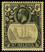 British Commonwealth - Saint Helena - PLATE VARIETIES ON THE SEAL OF THE COLONY ISSUE: 1923, 4p black and gray on yellow paper, watermark Multiple Crown CA, Broken …