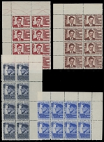 Soviet Union - 1940, Vladimir Mayakovsky, 15k-80k, complete set of four, perforation L12½, unfolded corner sheet margin blocks of eight, full OG, NH, VF, C.v. $584++, Scott #776-79…