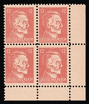 12pf Hitler-Skull, 'Futsches Reich', Private Issue Propaganda Forgery of Hitler Issue, Anti-German Propaganda, Block of Four (Light Red, Corner Margins, MNH)