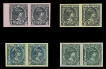 United States - Classic Stamps, Proofs and Multiples - 1920(c), Liberty, American Banknote Co. imperforate proofs of 2(c) in black, blue or green, four horizontal pairs on colored (3) or white paper, each one inscribed …
