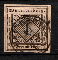 1851-52 1k Wurttemberg, German States, Germany (Mi. 1, Sc. 1, Signed, Canceled, CV $170)