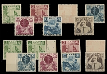 Soviet Union - 1936, Pioneers Helping Post, 1k-15k, two complete set of six with perforation 14 and 11, additional two stamps of 2k (both perf) on porous (''cotton'') paper and 1k (perf 14) with partial print on margin, all with …