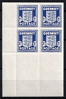 1944 2.5d Guernsey, German Occupation, Germany, Block of Four (Mi. 3 a var, Ultramarine Color, Variety of Paper, Corner Margin, MNH)