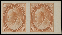 Canada - 1898, Queen Victoria Numeral issue, 8c orange, right sheet margin horizontal imperforated pair, printed on vertical wove paper, no gum as issued, NH, VF, …