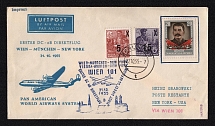 1955 (27 Oct) GDR Germany Airmail cover, First Direct DC 6b Flight, Berlin -Vienna - Munich - New York, with blue triangle flight handstamps