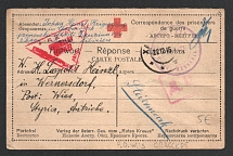 1915 12th Army Censorship, WWI Censored POW postcard from Khabarovsk to Austria with red boxed handstamp 'DC (ДЦ)' and Vienna cs