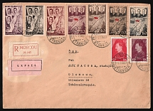 1938 Russia USSR Moscow express registered cover fr. Air Post 1st and 2nd Trans-Polar Flights full sets + 40k and 80k Dzerzhinsky to Olomouc Czechoslovakia