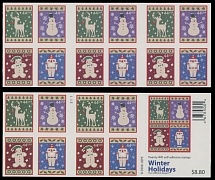 United States - Modern Errors and Varieties - 2009, Christmas Symbols, intact $8.80 self-adhesive booklet, containing 20 stamps (12+8, 5 se-tenant blocks of four) of 44c stamps, die cutting omitted on 12-stamp side (8-stamp side …