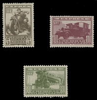 Russian Special Delivery stamps - 1932, Postal Transports, 5k, 10k and 80k, complete set of three, full OG without usual creases, NH, VF, C.v. $338, Scott #E1-3…