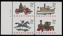 United States - Modern Errors and Varieties - 1992, Christmas Toys, proof se-tenant booklet pane of four 29c stamps with wrong layout (stamps from the bottom placed at the top), imperforate horizontally between stamps, selvage at …