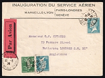 1926 France, First Flight Paris - London, Airmail cover, Marseille - London, franked by Mi. 141, 158, 195