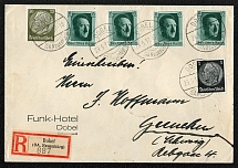 1937 registered cover franked with multiple copies of Sc B102a, plus Sc 415 and 426, mailed in Dobel