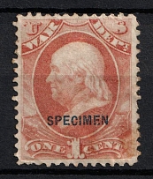 1875 1c Franklin, Special Printing 'Specimen' on Official Mail Stamp 'War', United States, USA (Scott O83S, Deep Rose, Blue Overprint, CV $30)