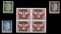 German Occupation of the World War II - Kurland - 1945, black surcharges on Hitler's Head and Field Post stamps, 6(pf)/5(pf)-12(pf)/-, set of four, including high value in block of four, full OG, NH, VF, Mi #1vx, 2wz, 3wz, 4By, …