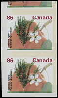 Canada - Modern Errors and Varieties - 1991, Delicious Apple, imperforate essay of unissued denomination of 86c, design used for stamp of 49c, vertical pair with part of adjoined stamp at top, full OG, NH, VF and rare, Unitrade …