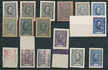 The One Man Collection of Czechoslovakia - 70th Birthday of Pres. Masaryk issue - 1920, 125h, 16 imperforate plate or trial color proofs in gray, blue or violet on white ordinary, white chalk-surfaced, rose or yellow paper, one …