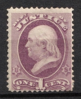1873 1c Franklin, Official Mail Stamp 'Justice', United States, USA (Scott O25, Purple, CV $250)
