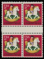 United States - Modern Errors and Varieties - 1978, Christmas, Hobby Horse, 15c multicolored, block of four with horizontal gutter between stamps, full OG, NH, VF and scarce multiple, priced in Scott with ''-'' for vertical pair …