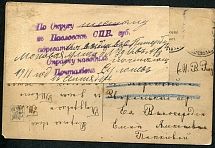 Re-address Inquiry spravka label. Card readressed from Pavlovslk to St. Petersburg. No stamps.