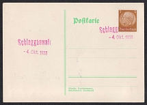 1938 (Oct 4) Postcard sent from SCHLAGGENWALD (Horni- Slavkov). Red temporary postmark with date. Occupation of Sudetenland, Germany