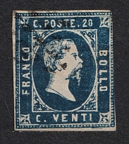 1851 20c Sardinia, Italy (Mi. 2, Canceled, CV $200)