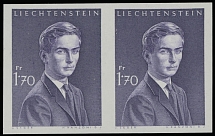 Liechtenstein - 1964, Prince Hans-Adam II, 1.70fr violet, horizontal imperforated pair, large margins all around, full OG, NH, VF and rare, only 32 imperforated stamps were produced, C.v. $1,750, SBK #339U, CHF4,000 as singles, …
