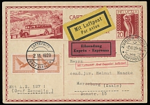 Worldwide Air Post Stamps and Postal History - Switzerland - Zeppelin Flight - 1929 (November 2), Zurich-Dübendorf Flight Swiss mixed franking stationery postcard 20c carmine, tied by Zurich Luftpost ''2.XI.29'' date stamp, …