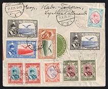 1931 Iran Persia Teheran Air Mail commercial multifranked registered cover via Baku and Moscow USSR Russia transit via Berlin Luftpostamt C2 to Wiesbaden Germany