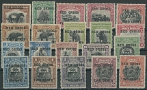 British Commonwealth - North Borneo - Semi-Postal issues - 1918, Animals, Birds, Scenes, black surcharge ''Red Cross. Two Cents'', complete set of 20, including extra shades of 3c, 5c and 6c, full/large part of OG, mostly VF, SG …