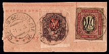 1919 Chernyj Ostrov (Chornyi Ostriv) postmarks on piece with Odessa 1r Type 4 and 3.5r Type 9 (6 a), Ukrainian Tridents, Ukraine