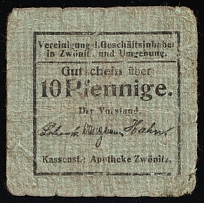 1914-24 10pf Pharmacy Zwonitz, German Emergency Banknotes, Germany