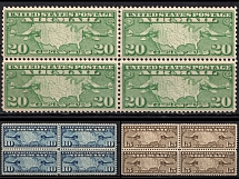 1926-27 Air Post Stamps, United States, USA, Blocks of Four (Scott C7 - C9, Full Set, CV $30, MNH)
