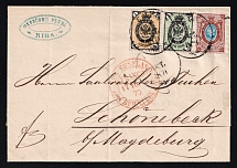 1870 (14 Oct) Russian Empire, Russia, Cover from Riga to Schonebeck (Germany) with Saxony Transit Postmark with German Railway franked with 1k, 3k and 10k (Zag. 17, 18 I, 20, Zv. 17, 18b, 20, 'V' instead '3' on Background)