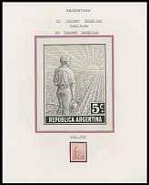 Argentina - 1911, ''El Labrador'' issue, enlarged artist's proof of 5c in black on thickened paper, size 90x115mm, in addition plate proof in red of the same value, both mounted on page from a Collection, slight paper wrinkles …