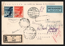 1928 (13 Sep) Vienna - Berlin - Moscow - Tashkent then back to sender, Express Airmail Registered, flights Vienna - Berlin, Berlin - Moscow, Moscow - Tashkent (Postage due placed by mistake, Muller 147 Austria, 353 Germany, 36 USSR CV $1,600)