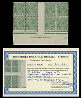 British Commonwealth - Australia - 1924, King George V, 1p green, perforation 14¼x14, watermark Wide Crown Narrow A, Harrison two-line imprint (''N'' over ''M'') at bottom margin of gutter block of eight (4x2) from panes 7 and 8, …