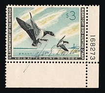 1963 $3 Duck Hunt Permit Stamp, United States (Sc. RW-30, Plate Number, Corner Margins, Canceled)