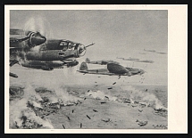 1923-1945 'Heinkel He 111 Fighter Aircraft Dropping Bombs Over an Enemy Airfield', Propaganda Postcard, Third Reich Nazi Germany