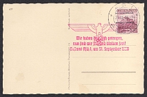 1938 (Sept 21) Postcard (the Fuhrer resting during his trip to the Sudetenland) with obliteration of ASCH and special eagle red on an uncharged Czechoslovak stamp, Occupation of Sudetenland, Germany