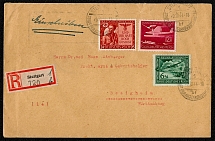1944 Registered cover franked with Sc B250, B252B and B252C. Posted in Stuttgart, “The City of Germans Living Abroad”