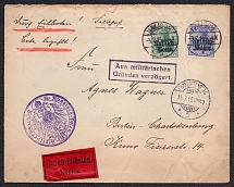 1915 Poland, Express cover from Kalisz to Berlin-Charlottenburg, German occupation, franked with Mi. 2, 4 (Censorship, 'Delayed for military reasons' handstamp)