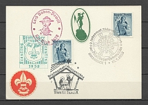 1957 Austria postcard with Birthday Baden Powell postmark and 3 scouts cinderella