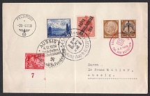 1938 (Oct 9) Philatelic letter with cancellation of release of SCHREKENSTEIN. Feldpost postmark of the same day and postmark of December 4 AUSSIG on the day of the plebiscite. Occupation of Sudetenland, Germany